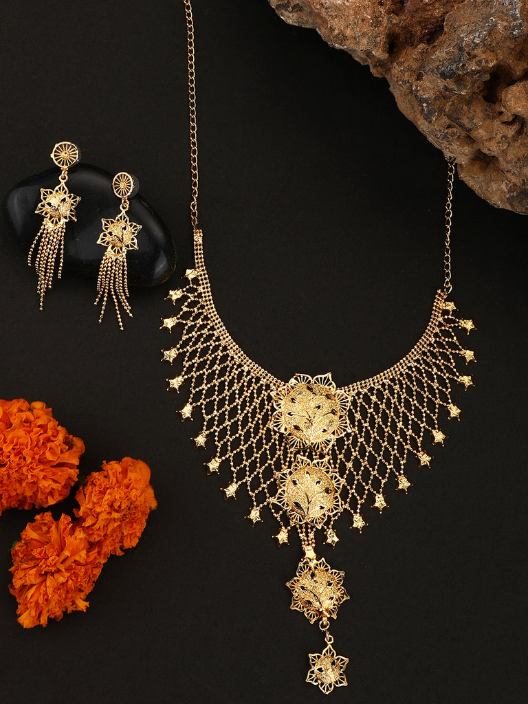 Women's Gold Plated Jaal Work Star Traditional Brass Full Neck Cover Jewellery Set