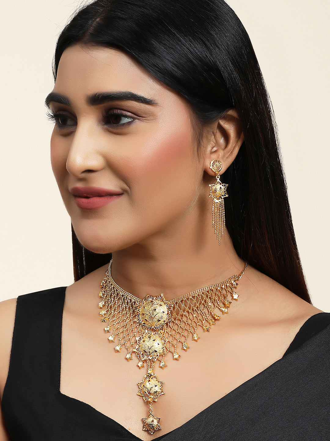 Women's Gold Plated Jaal Work Star Traditional Brass Full Neck Cover Jewellery Set - Anikas Creation