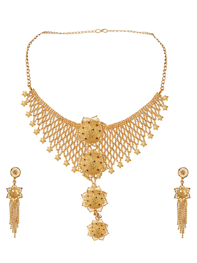 Women's Gold Plated Jaal Work Star Traditional Brass Full Neck Cover Jewellery Set