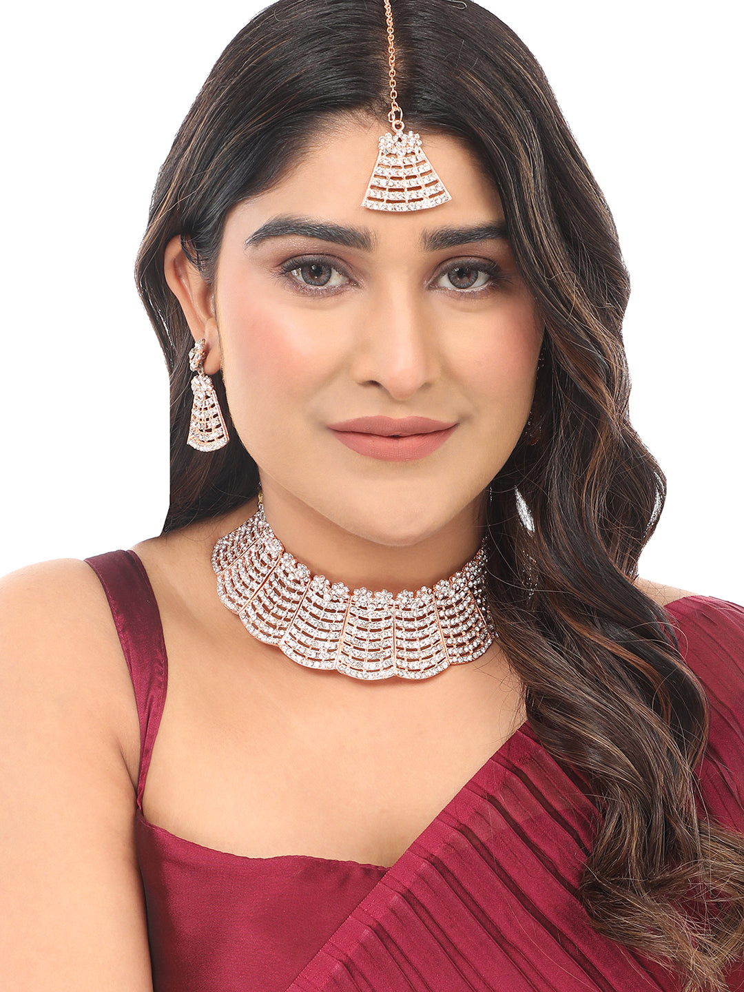 Women's  Rose Gold Plated Rose Gold Toned Ad Studded Bridal Jewellery Set - Anikas Creation