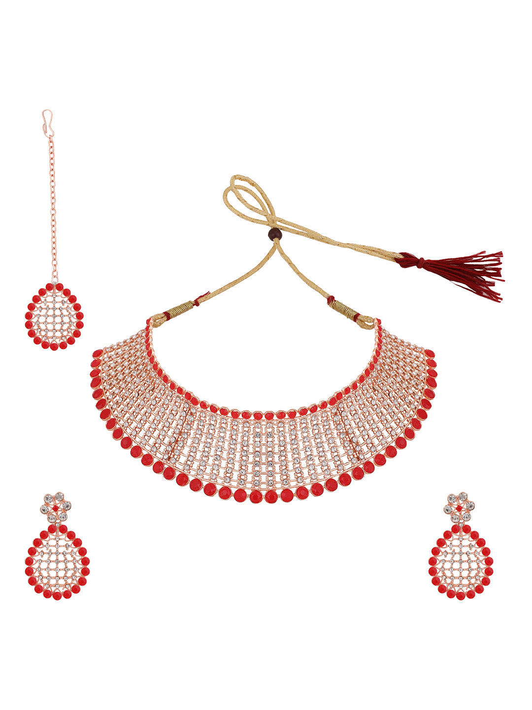 Women's Gold-Plated & Red Ad-Studded & Stylish Jewellery Set With Earring Maangtika - Anikas Creation