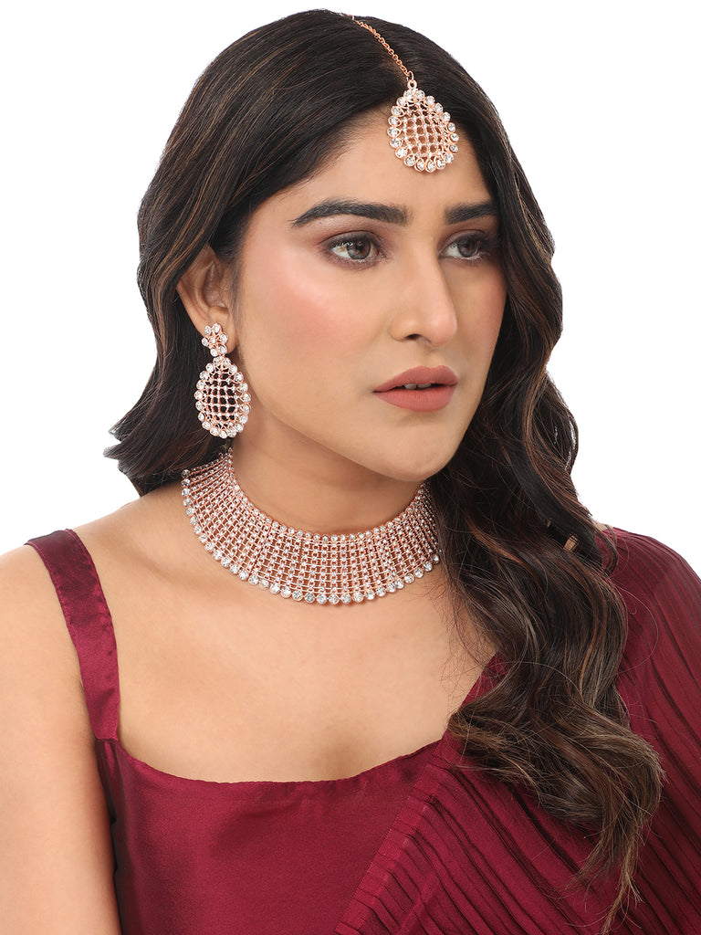 Women's Rose Gold-Plated & White Ad-Studded & Stylish Jewellery Set With Earring Maangtika