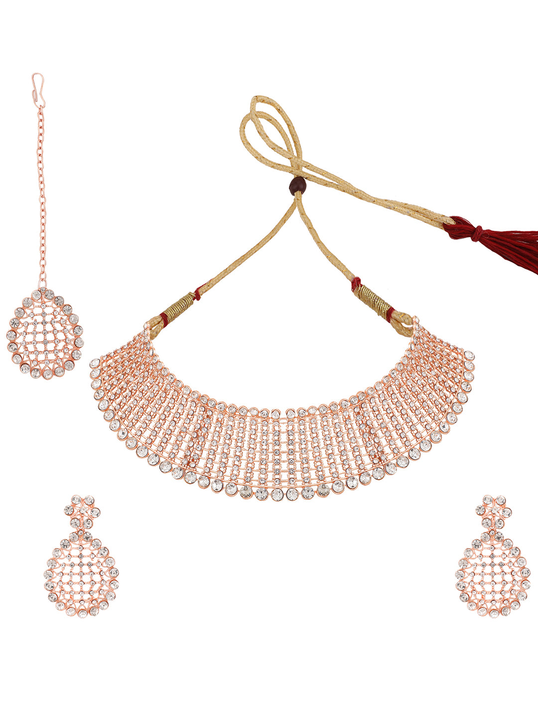 Women's Rose Gold-Plated & White Ad-Studded & Stylish Jewellery Set With Earring Maangtika - Anikas Creation