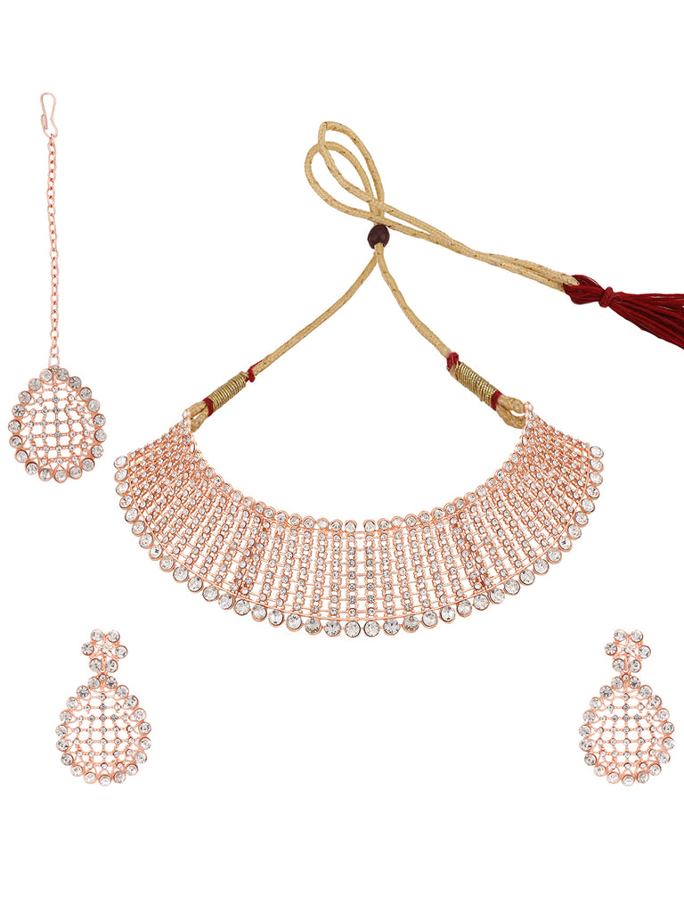 Women's Rose Gold-Plated & White Ad-Studded & Stylish Jewellery Set With Earring Maangtika