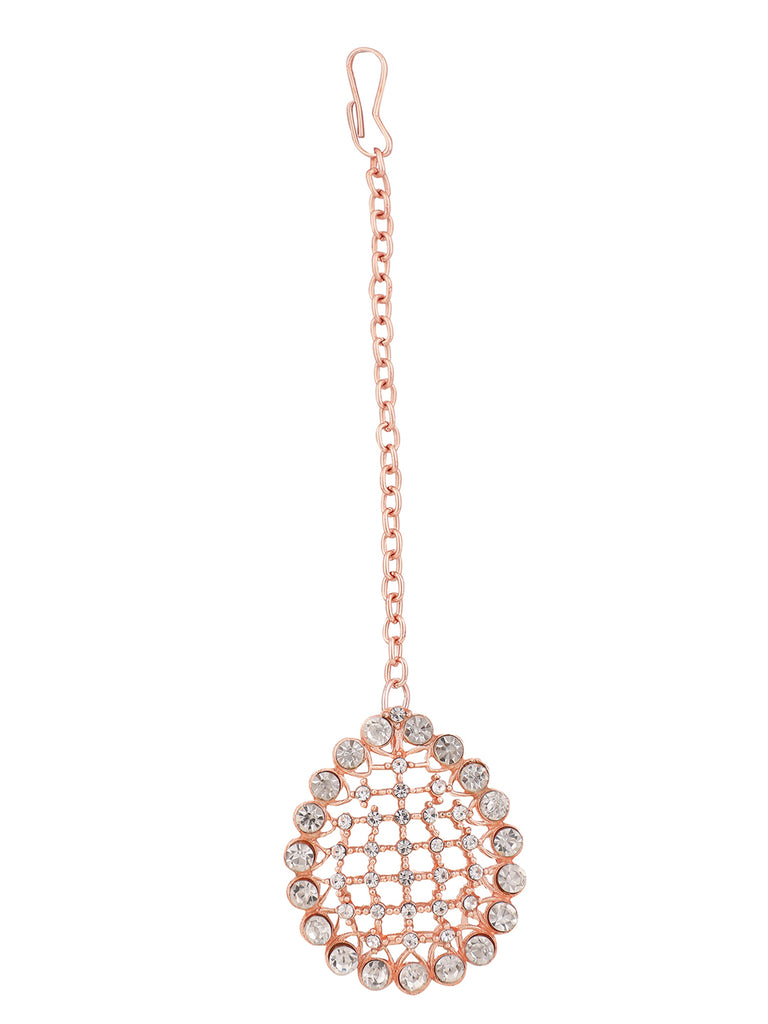 Women's Rose Gold-Plated & White Ad-Studded & Stylish Jewellery Set With Earring Maangtika