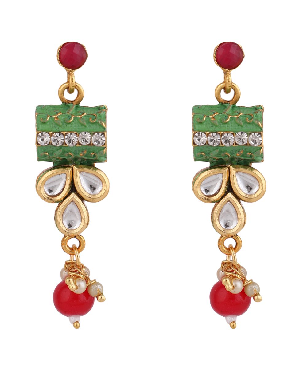 Women's Traditional Square shaped Enameled Kundan and Pearl studded Pearl Drop Peandant and Earring Set - MODE MANIA