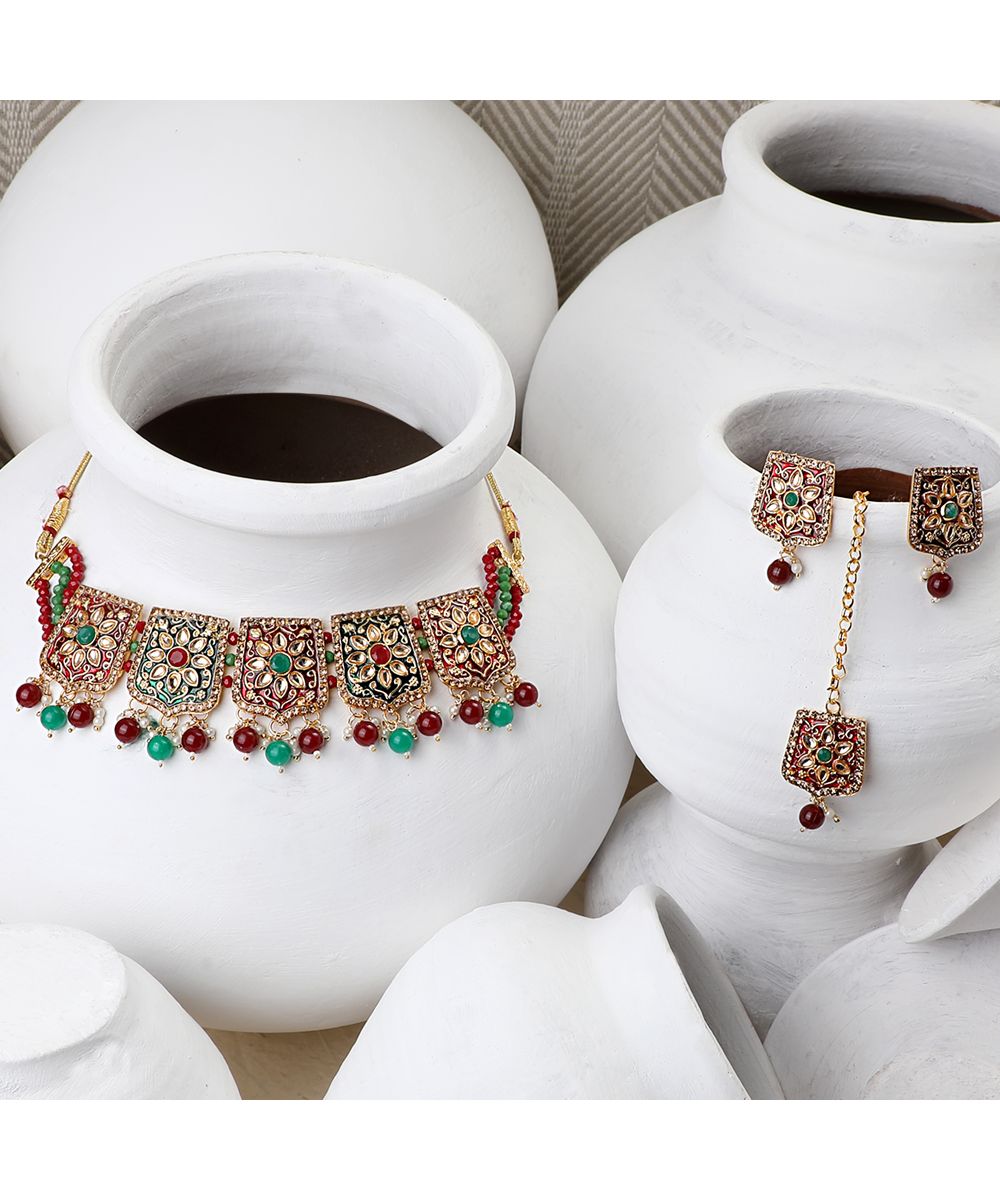 Women's Traditional Gold Plated Kundan and Stone studded Statement Choker with Earrings and Maangtikka - MODE MANIA