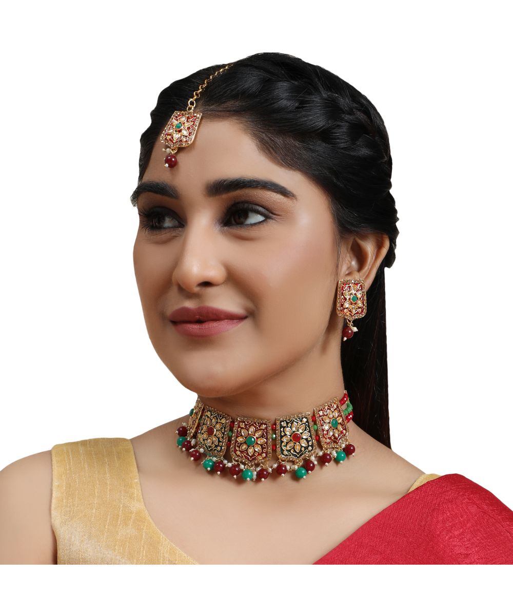 Women's Traditional Gold Plated Kundan and Stone studded Statement Choker with Earrings and Maangtikka - MODE MANIA