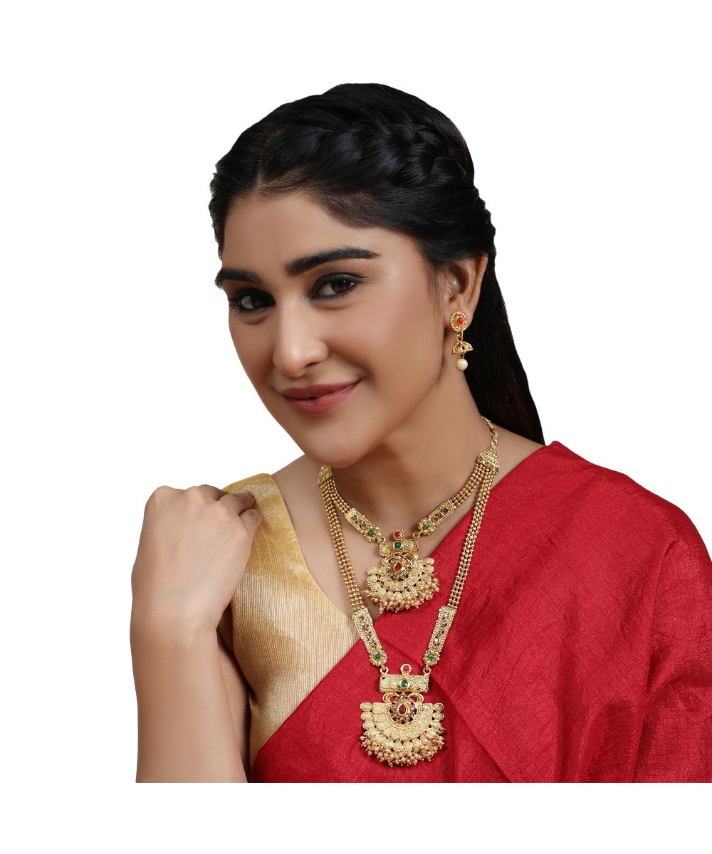 Women's Traditional Two Layered Gold Plated Heavy Ornamental Stone and Pearl Studded Necklace with Earring set - MODE MANIA