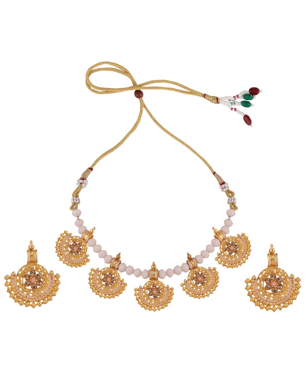 Women's Statement Gold Plated Pearl layerd Stone Studded Cresscent Shaped Necklace and Earring Set - MODE MANIA