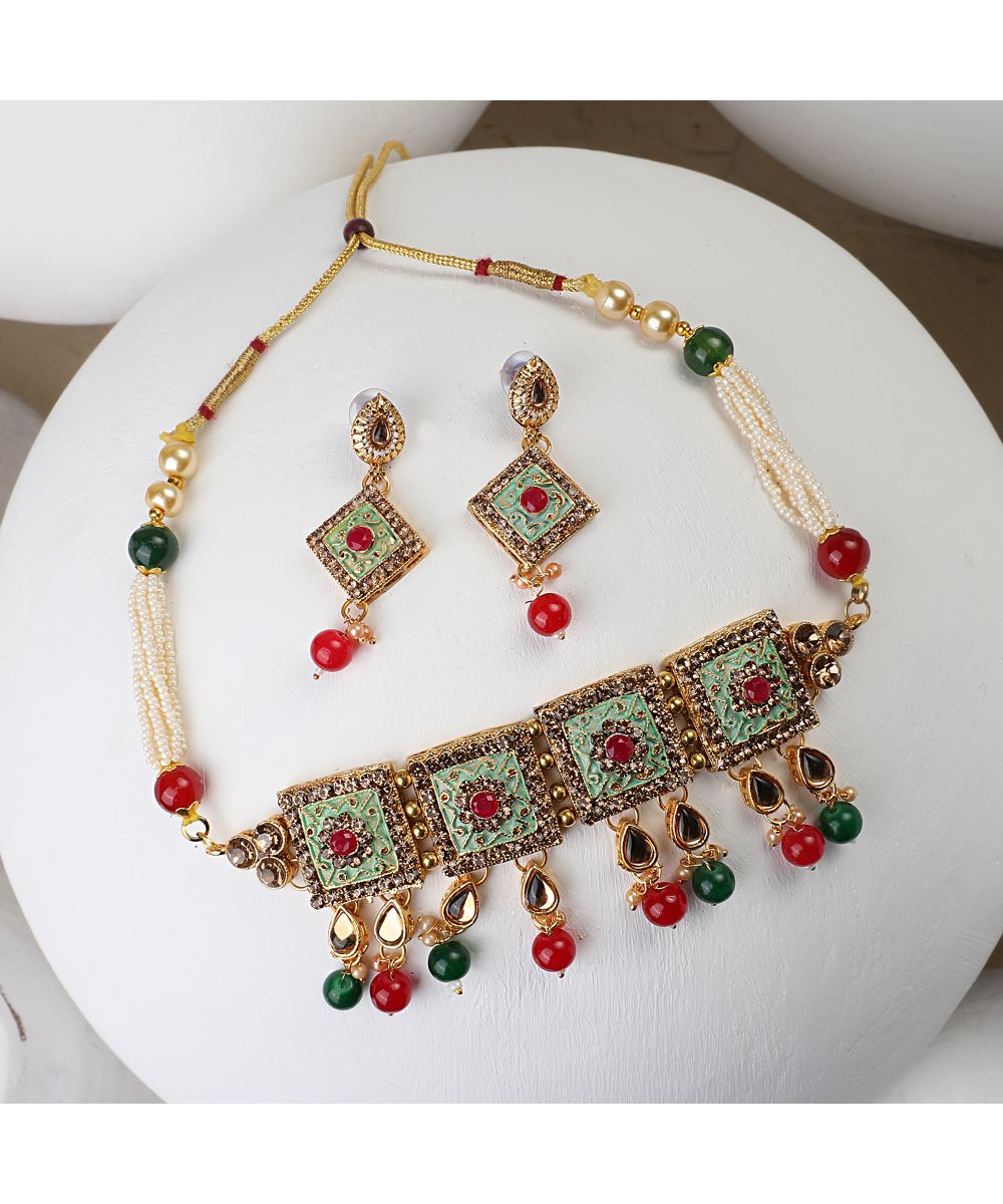 Women's Traditional Gold Plated Enameled Square Shaped Stone and Pearl Studded Choker and Earring Set - MODE MANIA