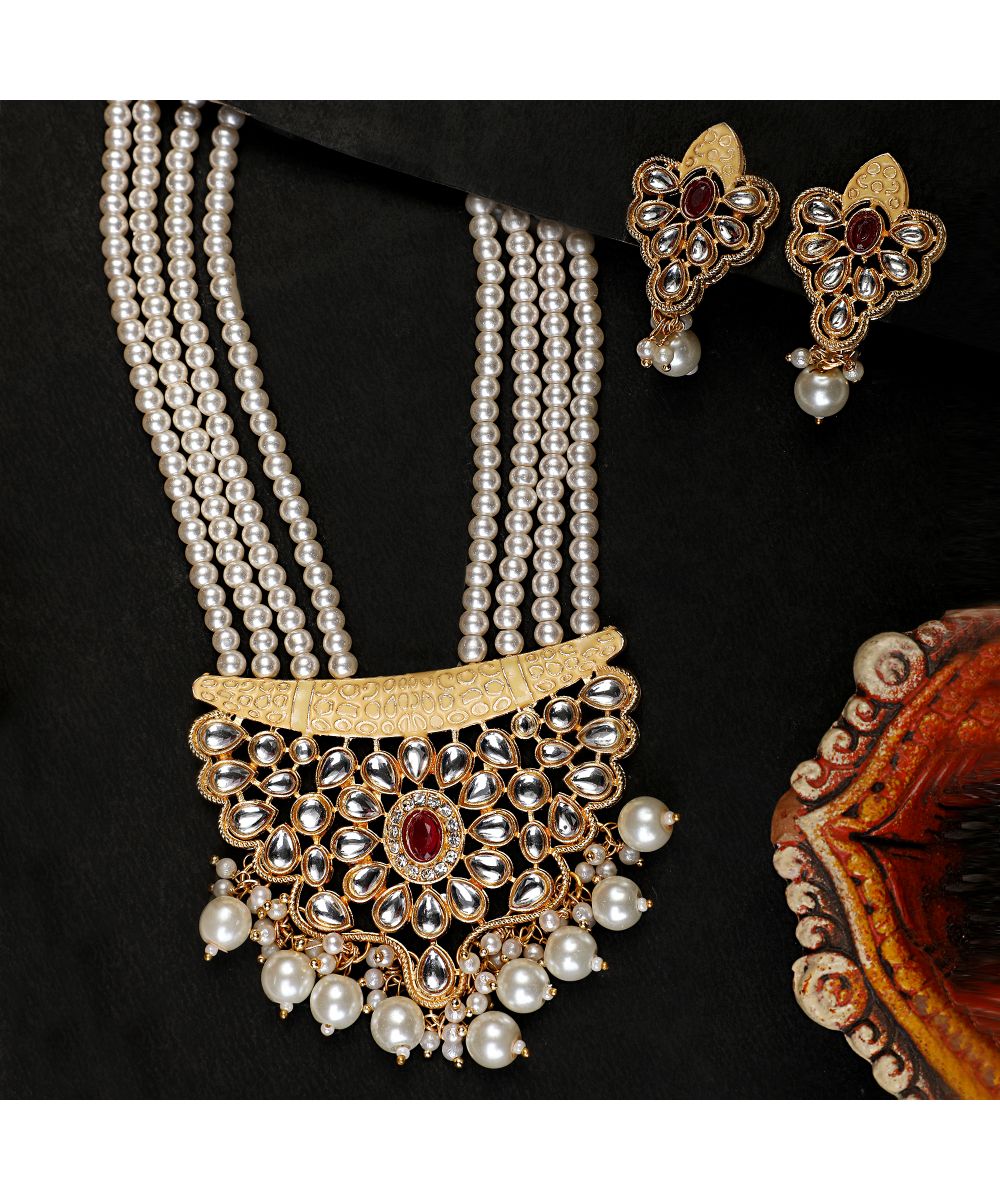 Women's Statement Heavy Ornamental Kundan Studded Pearl Layered Hanging Necklace with Earring Set - MODE MANIA