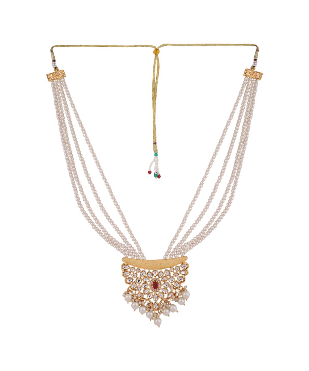 Women's Statement Heavy Ornamental Kundan Studded Pearl Layered Hanging Necklace with Earring Set - MODE MANIA