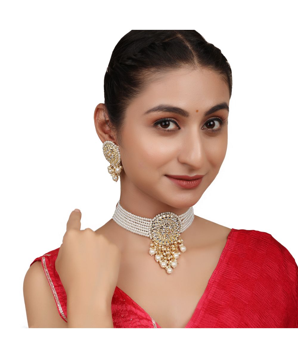 Women's Classic Pearl Layered and Kundan Studded Gold plated Statement Choker with Stud Earrings - MODE MANIA