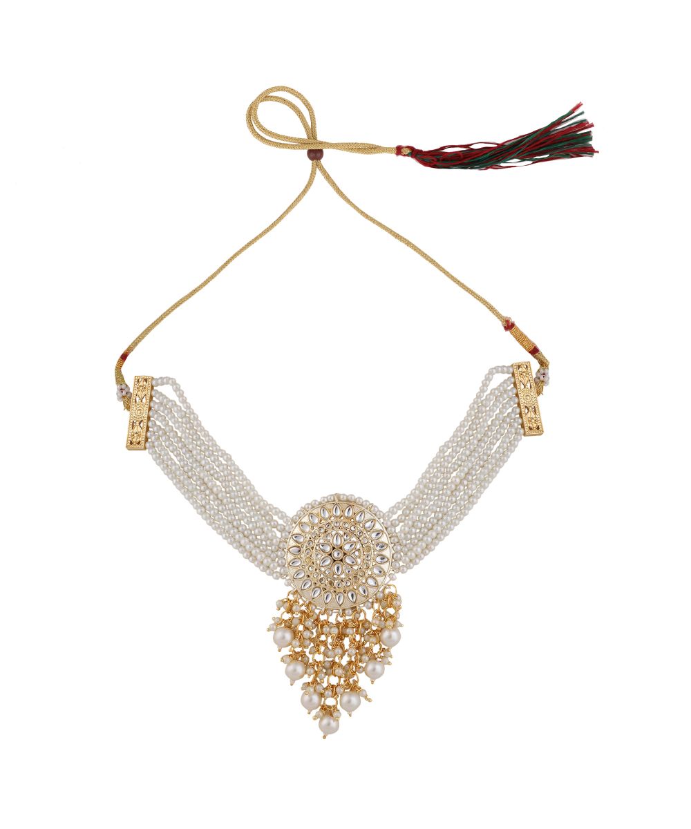 Women's Classic Pearl Layered and Kundan Studded Gold plated Statement Choker with Stud Earrings - MODE MANIA