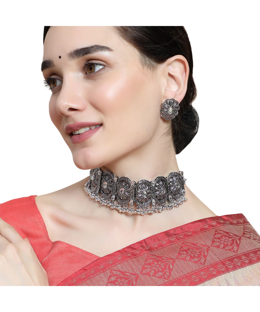 Women's Oxidised Geometric Shaped Stone Studded ghungroo drop Choker with Stud Earring Set - MODE MANIA