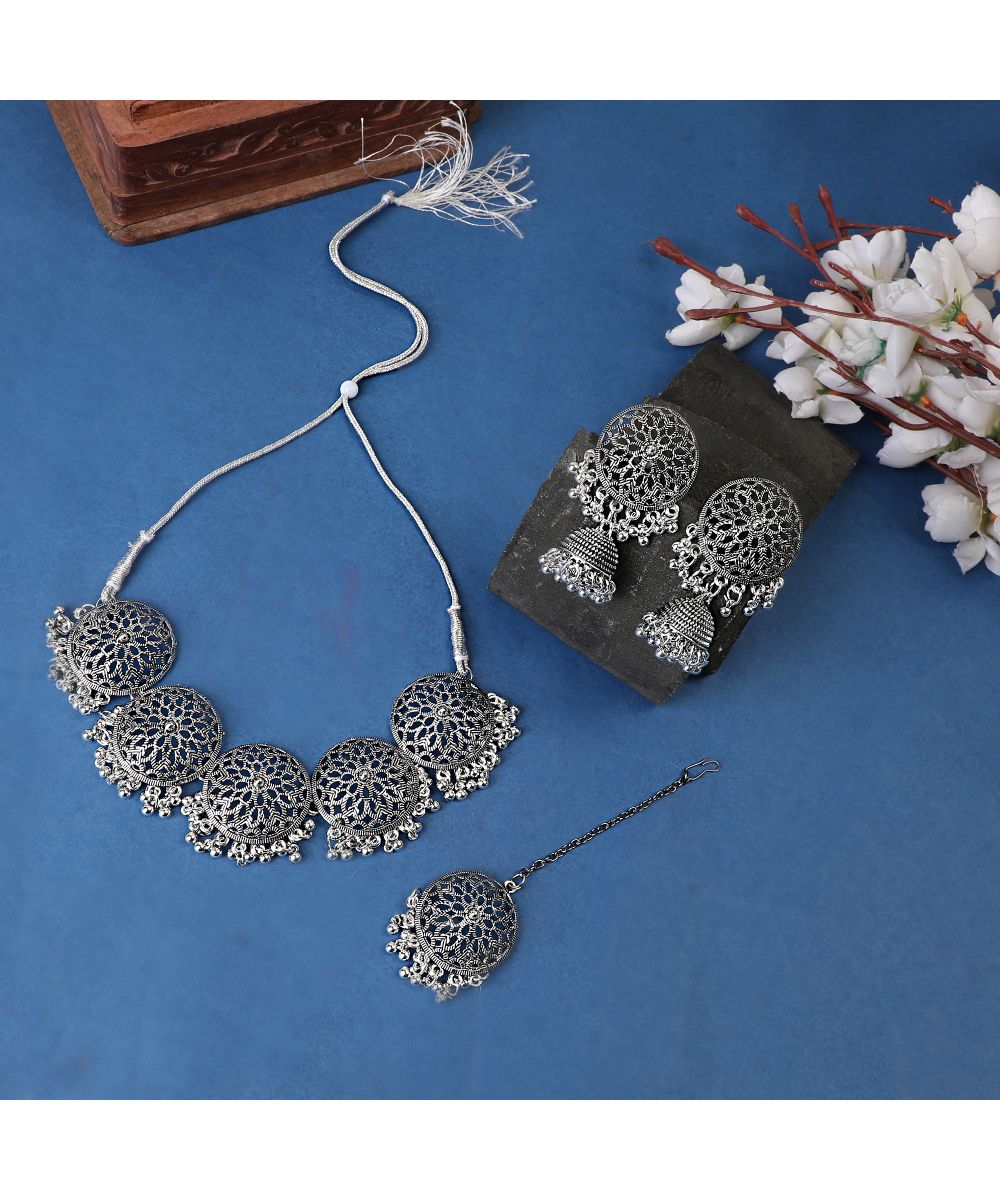 Women's Designer Oxidised Round Shaped Choker with Contemporary Jhumka Earring and Maang-tikka Set - MODE MANIA