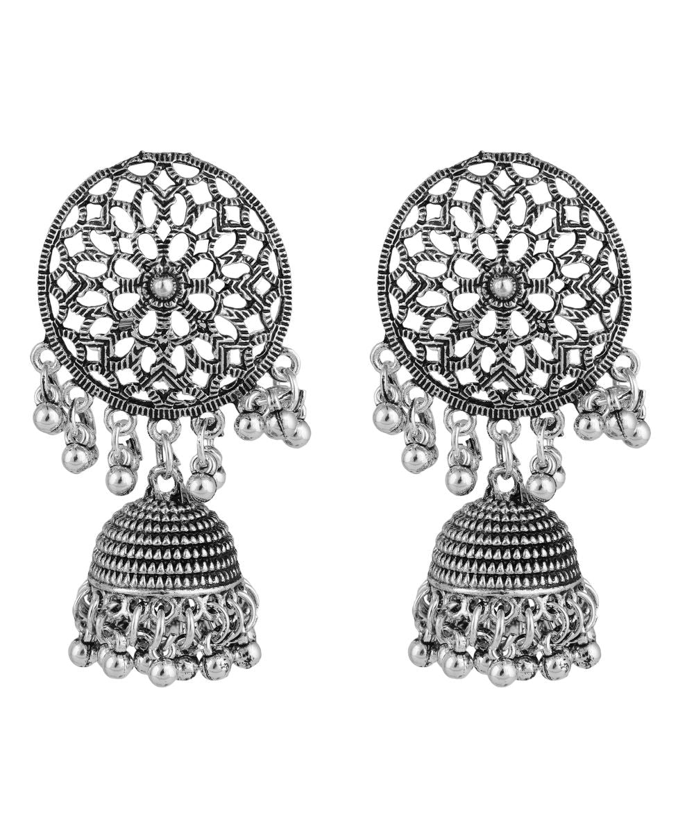 Women's Designer Oxidised Round Shaped Choker with Contemporary Jhumka Earring and Maang-tikka Set - MODE MANIA