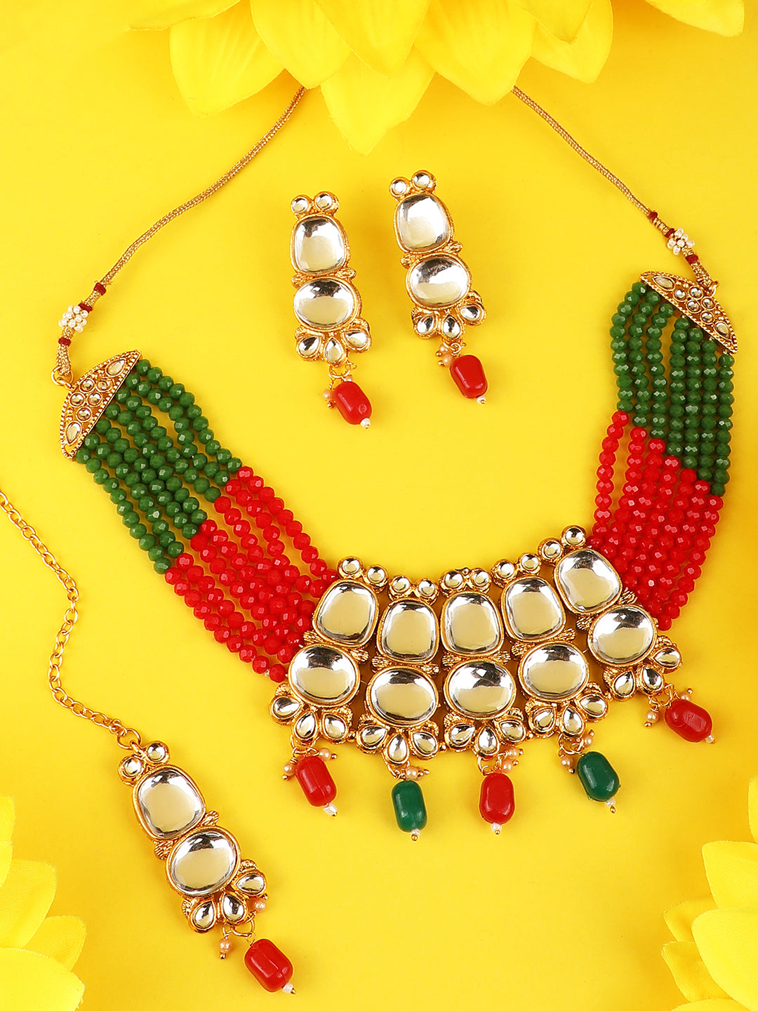 Women's/Girls Traditonal Gold Plated Two Layered Uncut Kundan Studded With Multicolor Pearl Layered Necklace Set With Earrings And Maangtikka Set - Mode Mania