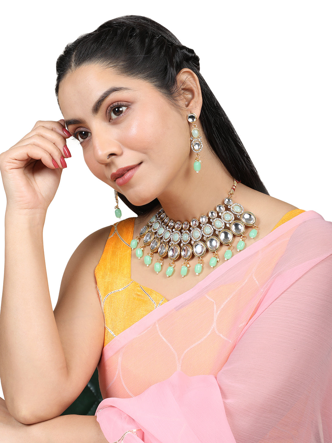 Women's/Girls Ethnic Gold Plated Three Layered Uncut Kundan Studded Green Colored Pearl Drop Necklace Set With Earring - Mode Mania