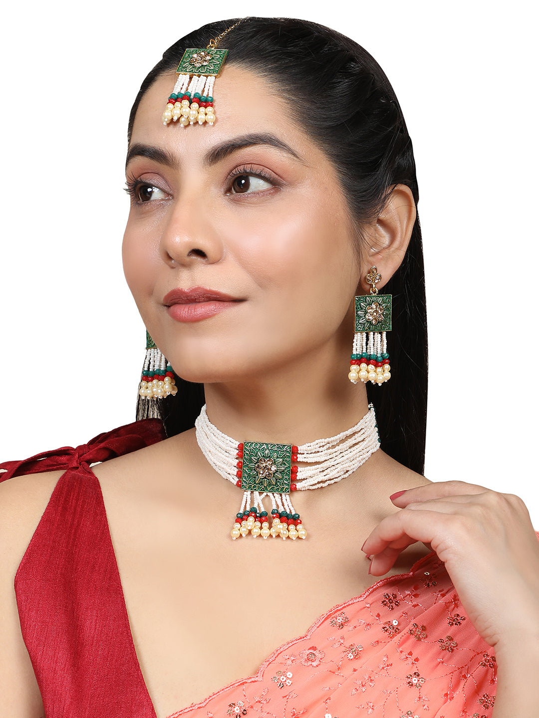 Women's/Girls Statement Gold Plated Green Enameled Stone Studded With Pearl Layered And Multicolor Pearl Drop Choker Set With Earring - Mode Mania