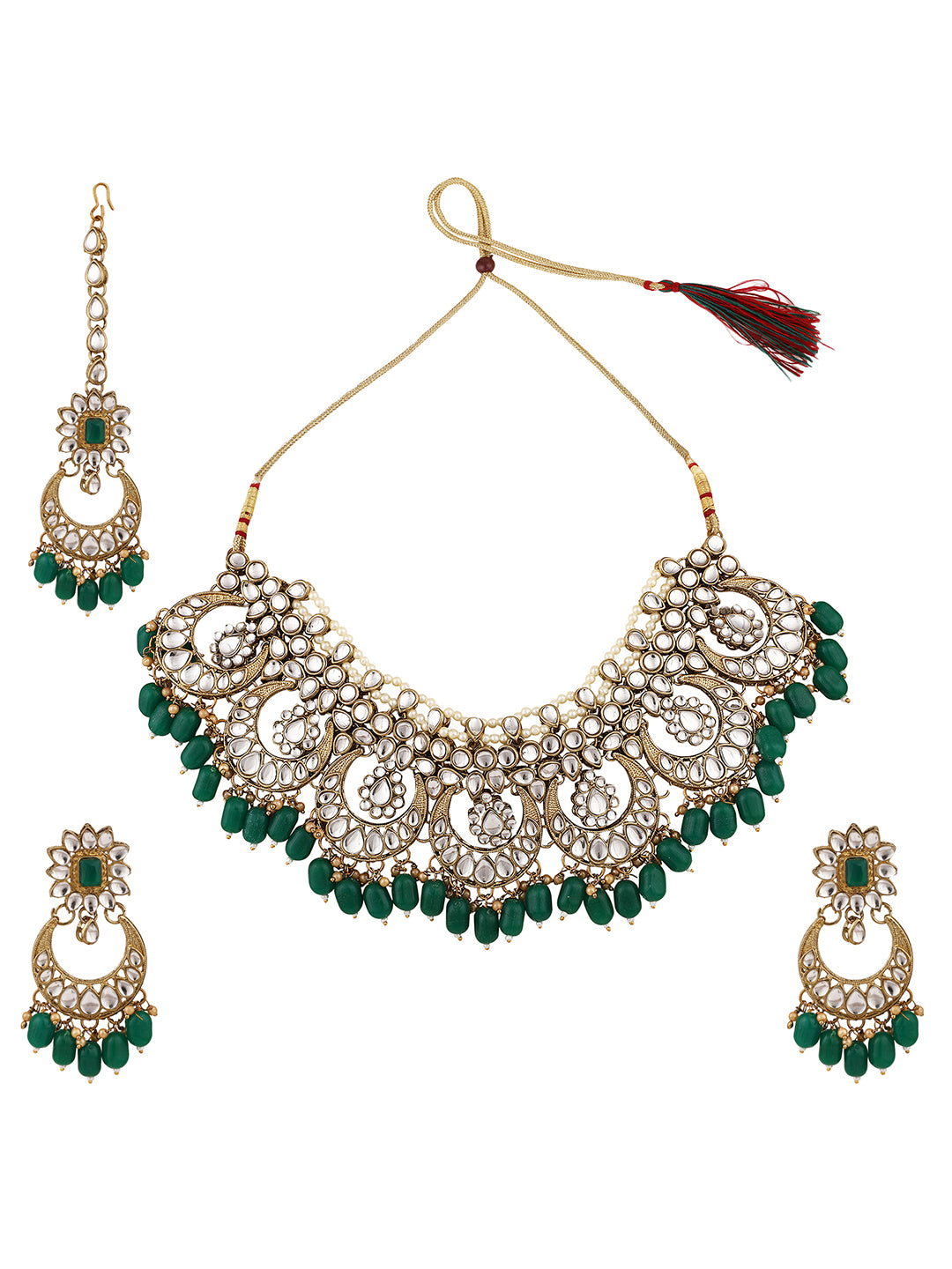 Women's/Girls Traditional Gold Plated Green Colored Kundan And Pearl Studded Bridal Necklace Set With Earring And Maangtikka - Mode Mania