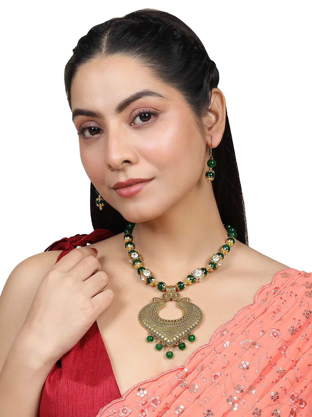 Women's/Girls Contemporary Gold Plated Leaf Shaped Pendant And Earring Set Studded With Beads - Mode Mania