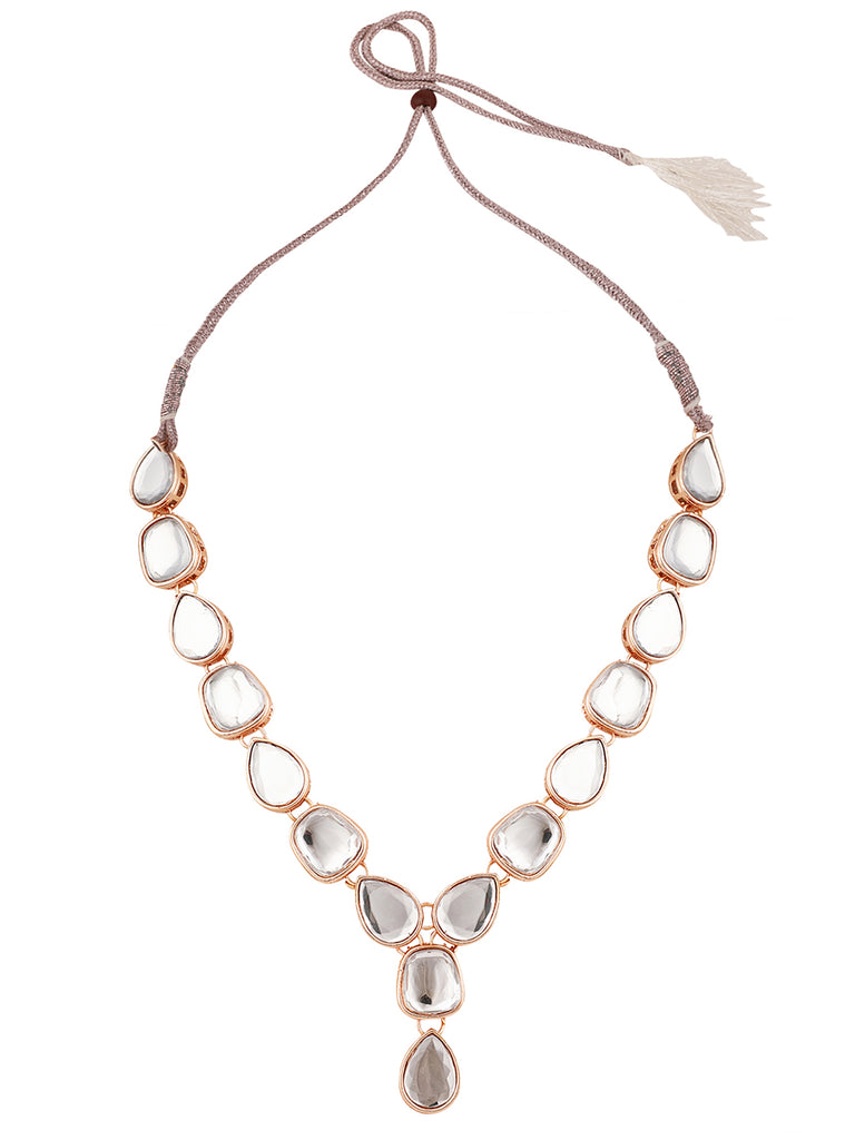 Women's/Girls Contemporary Gold Plated Uncut Kundan Studded Necklace With Kundan Drop Earring Set