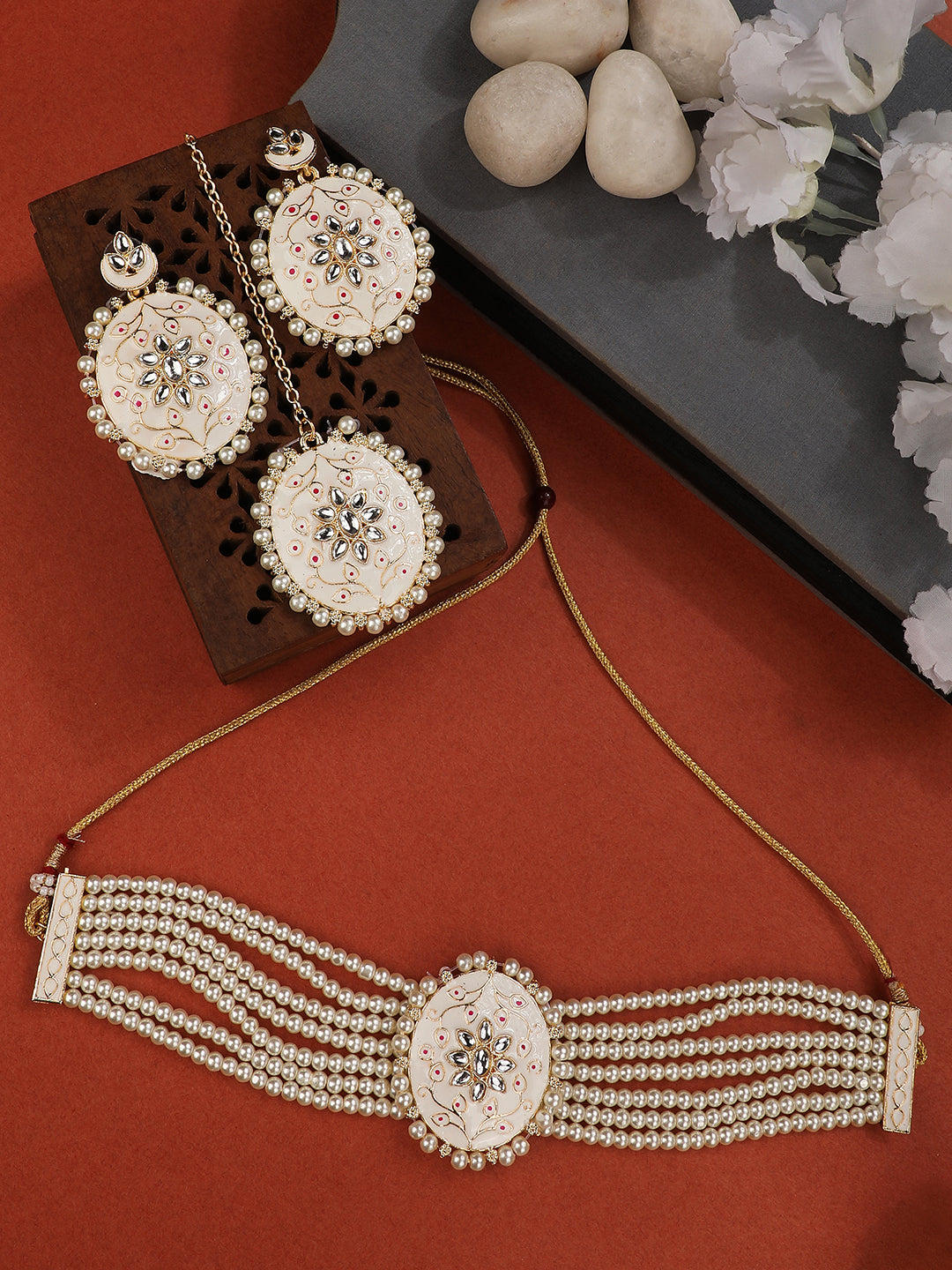Women's/Girls Traditonal Gold Plated Enameled White Colored Oval Shaped Pearl Layeed Choker Set With Earrings And Maangtikka Set - Mode Mania