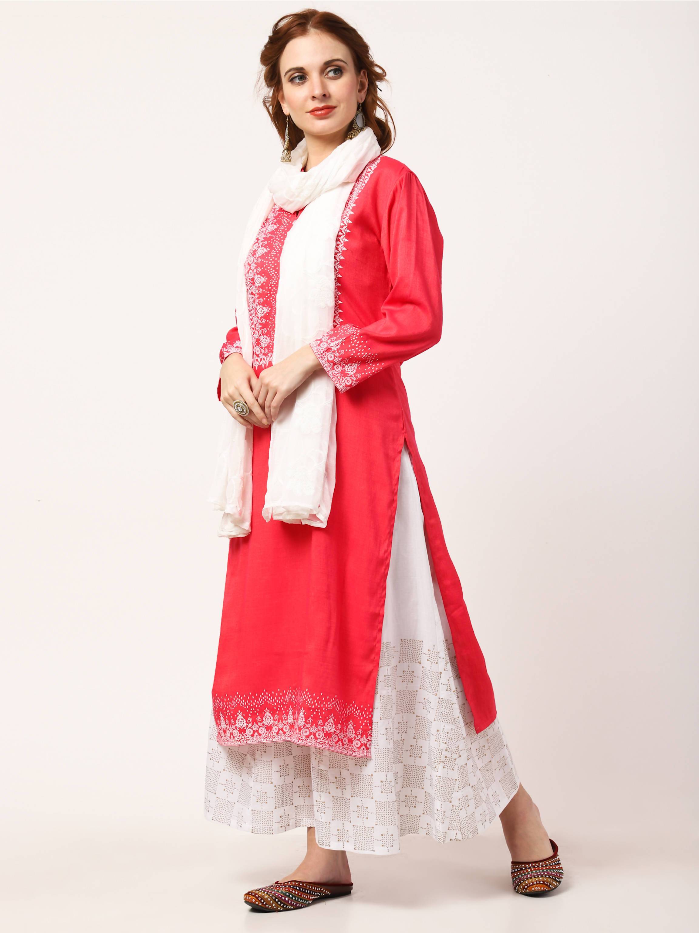 Women's Carrot Pink & White Rayon Cotton Kurta With Palazzo & Embroidered Dupatta Set - Cheera