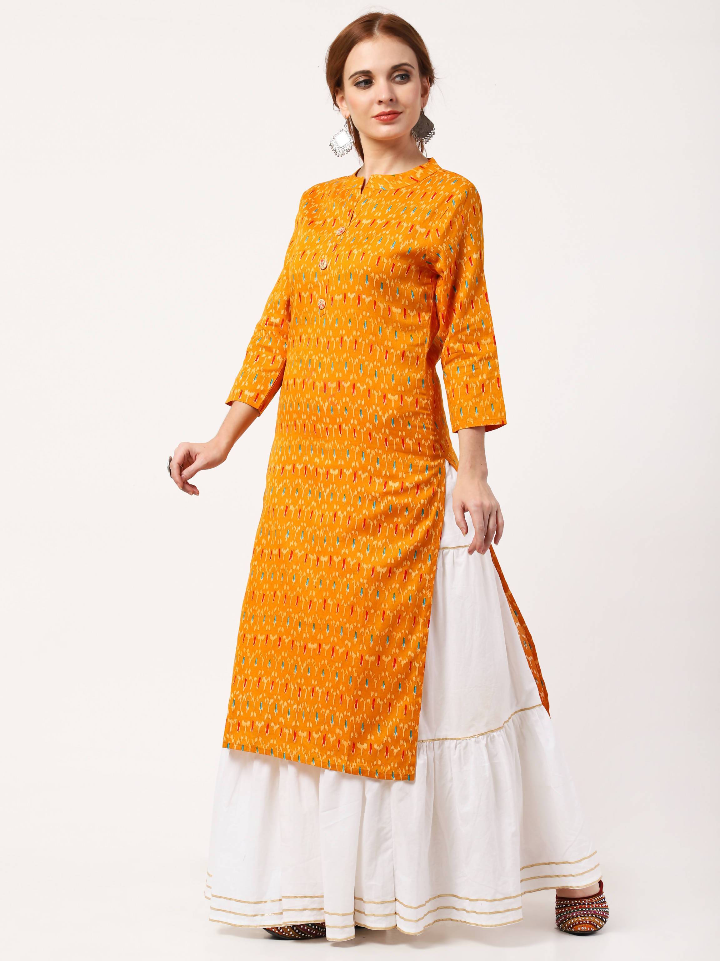 Women's Yellow & White Cotton Flex Kurta With Skirt & Embroidered Dupatta Set - Cheera