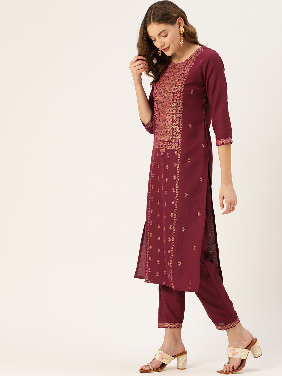Women's Wine Cotton Blend Panelled Printed Straight Kurta Trouser Set With Dupatta - Vaaba