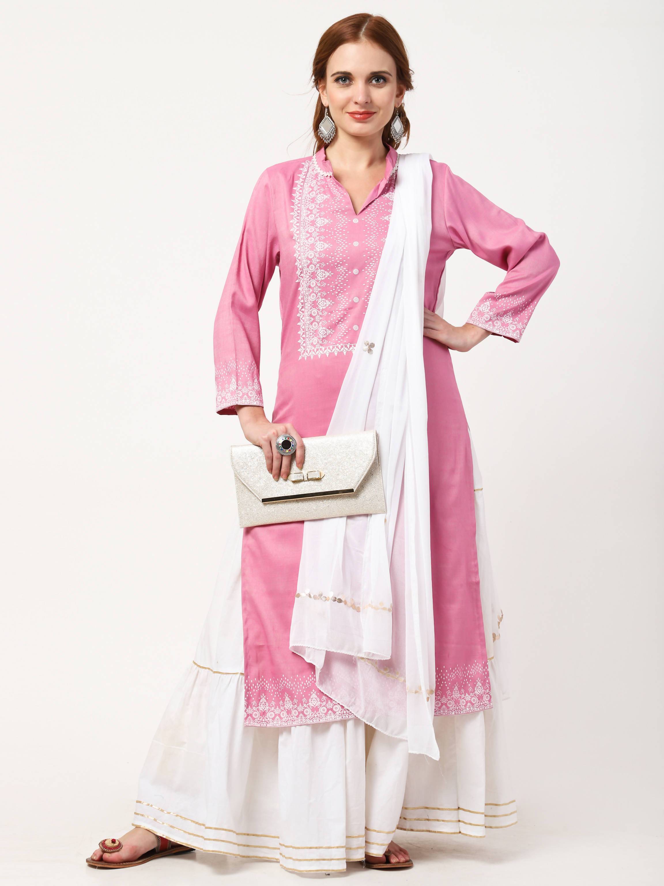 Women's Pale Pink & White Rayon & Cotton Kurta With Skirt & Embroidered Dupatta Set - Cheera