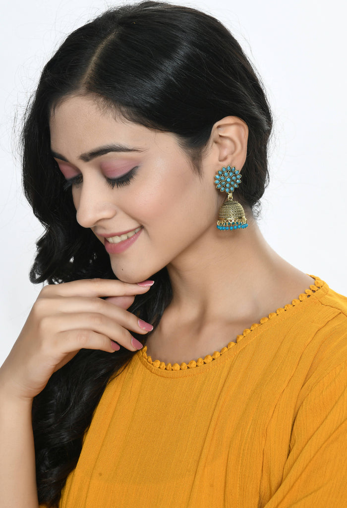 Trendia Kundan work Jhumka with Sky Blue Pearls Ear