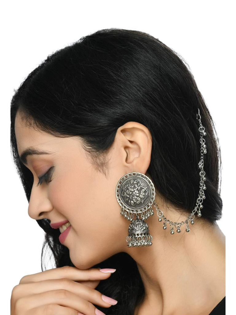Johar Kamal Trendy Oxidized Silver plated Bahubali Jhumkas Ea