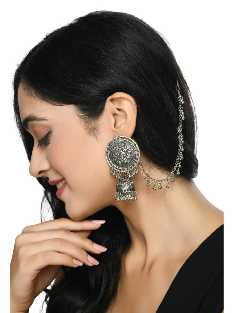 Johar Kamal Trendy Oxidized Silver plated Bahubali Jhumkas Ea