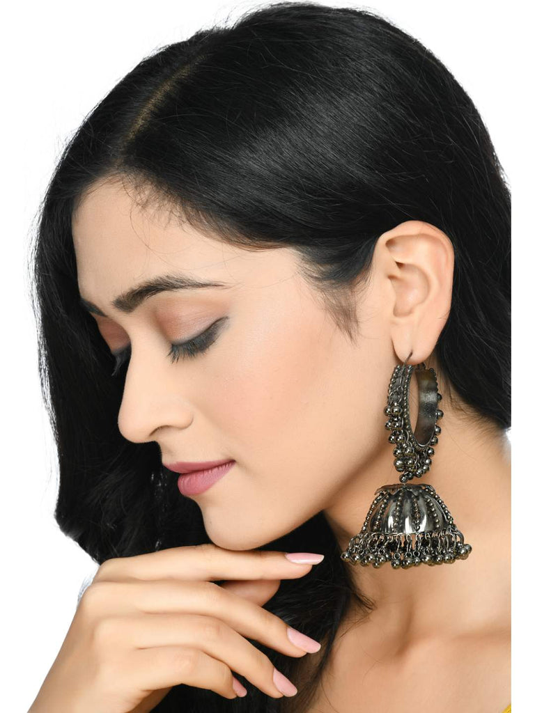Johar Kamal Oxidised Black-Plated with Ghungroo Earings J