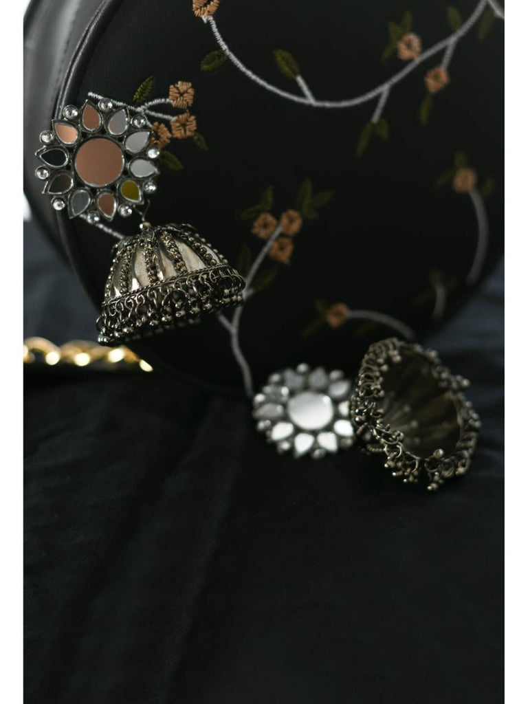 Johar Kamal Oxidised Silver-Plated with Mirror Earrings Jh