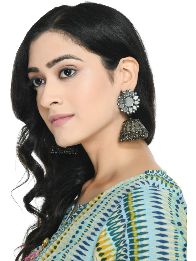 Johar Kamal Oxidised Silver-Plated with Mirror Earrings Jh
