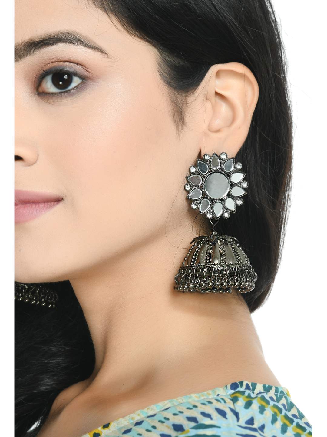 Johar Kamal Oxidised Silver-Plated with Mirror Earrings Jhumkas Jker_081