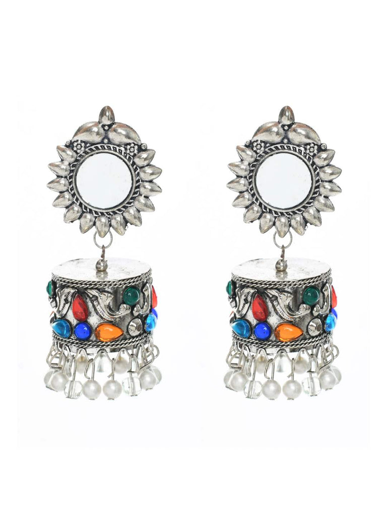 Johar Kamal Silver color Earrings with multi Pearls & mirror work Jh