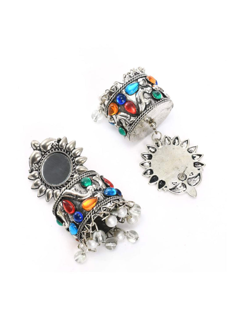 Johar Kamal Silver color Earrings with multi Pearls & mirror work Jh