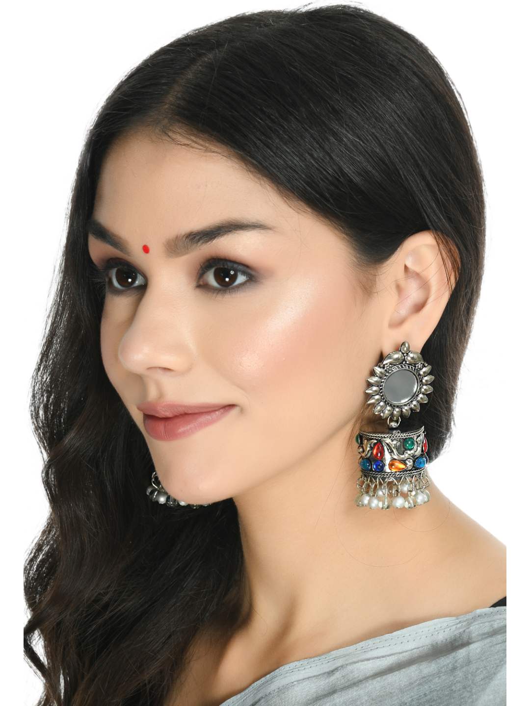 Johar Kamal Silver color Earrings with multi Pearls & mirror work Jh