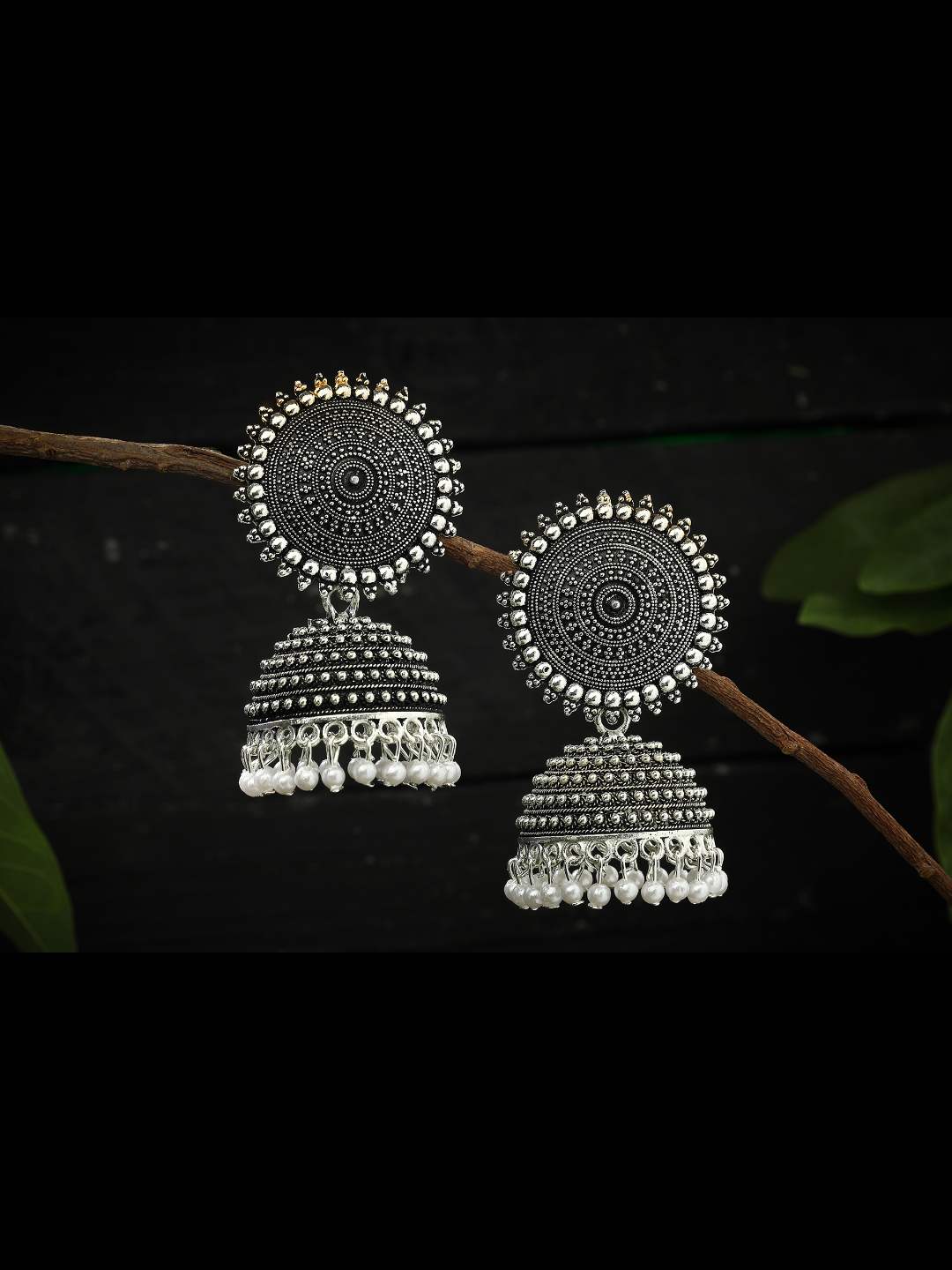 Johar Kamal Silver color Jhumkas with white Pearls Earrings Jker_096