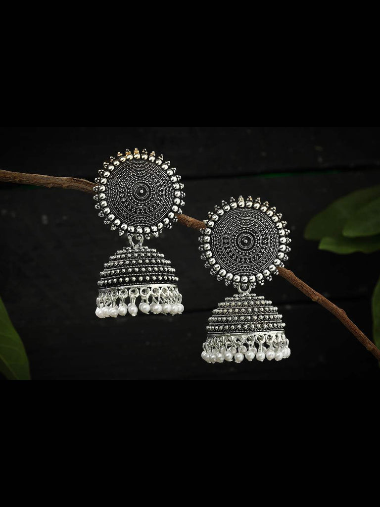 Johar Kamal Silver color Jhumkas with white Pearls Ear