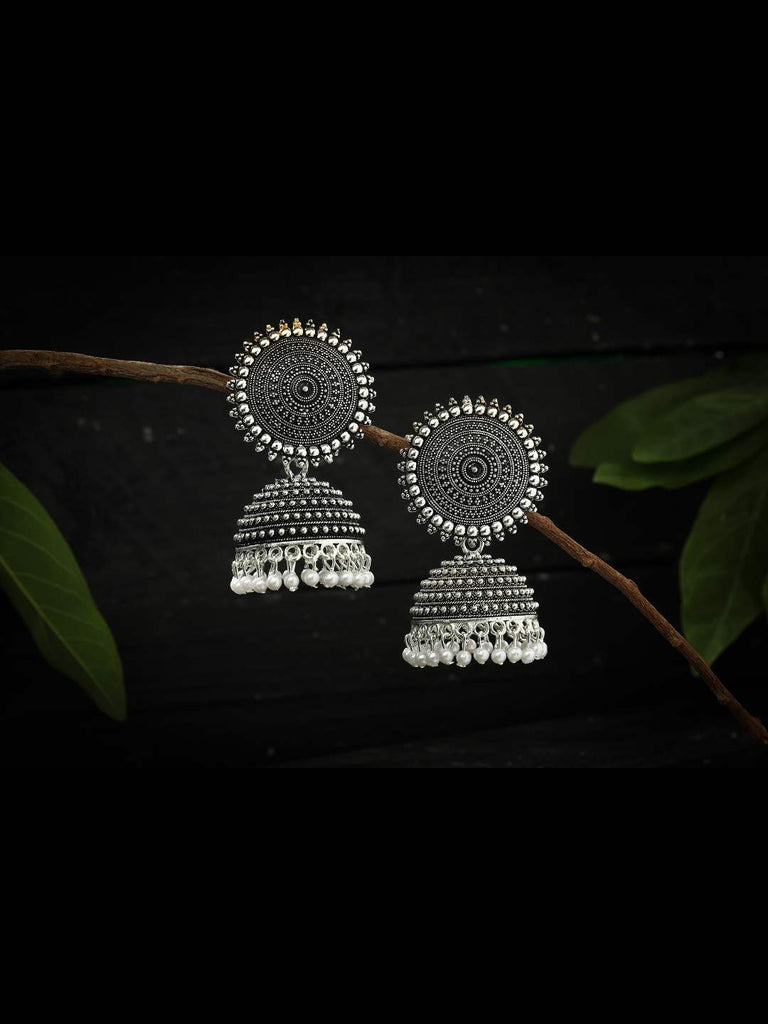 Johar Kamal Silver color Jhumkas with white Pearls Ear