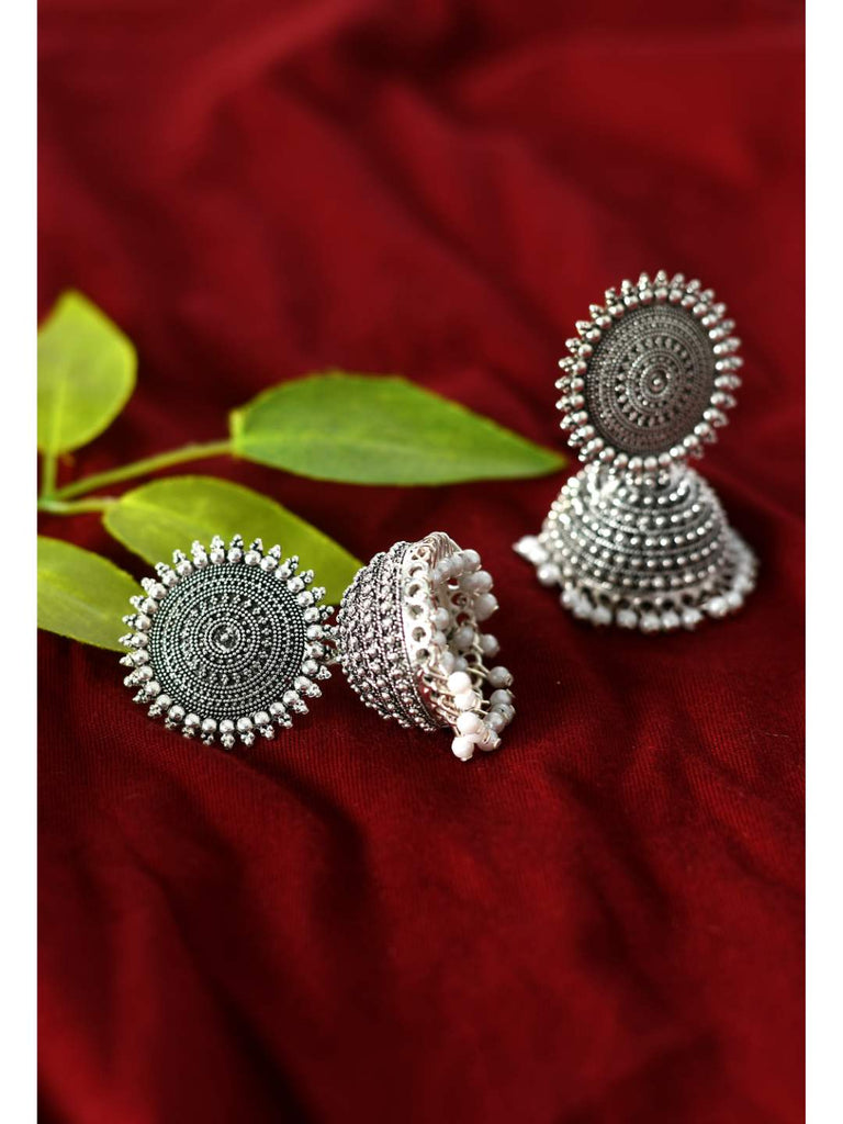 Johar Kamal Silver color Jhumkas with white Pearls Ear