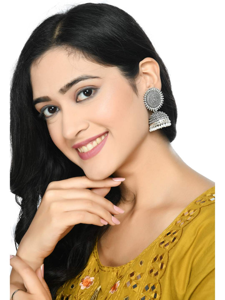 Johar Kamal Silver color Jhumkas with white Pearls Ear