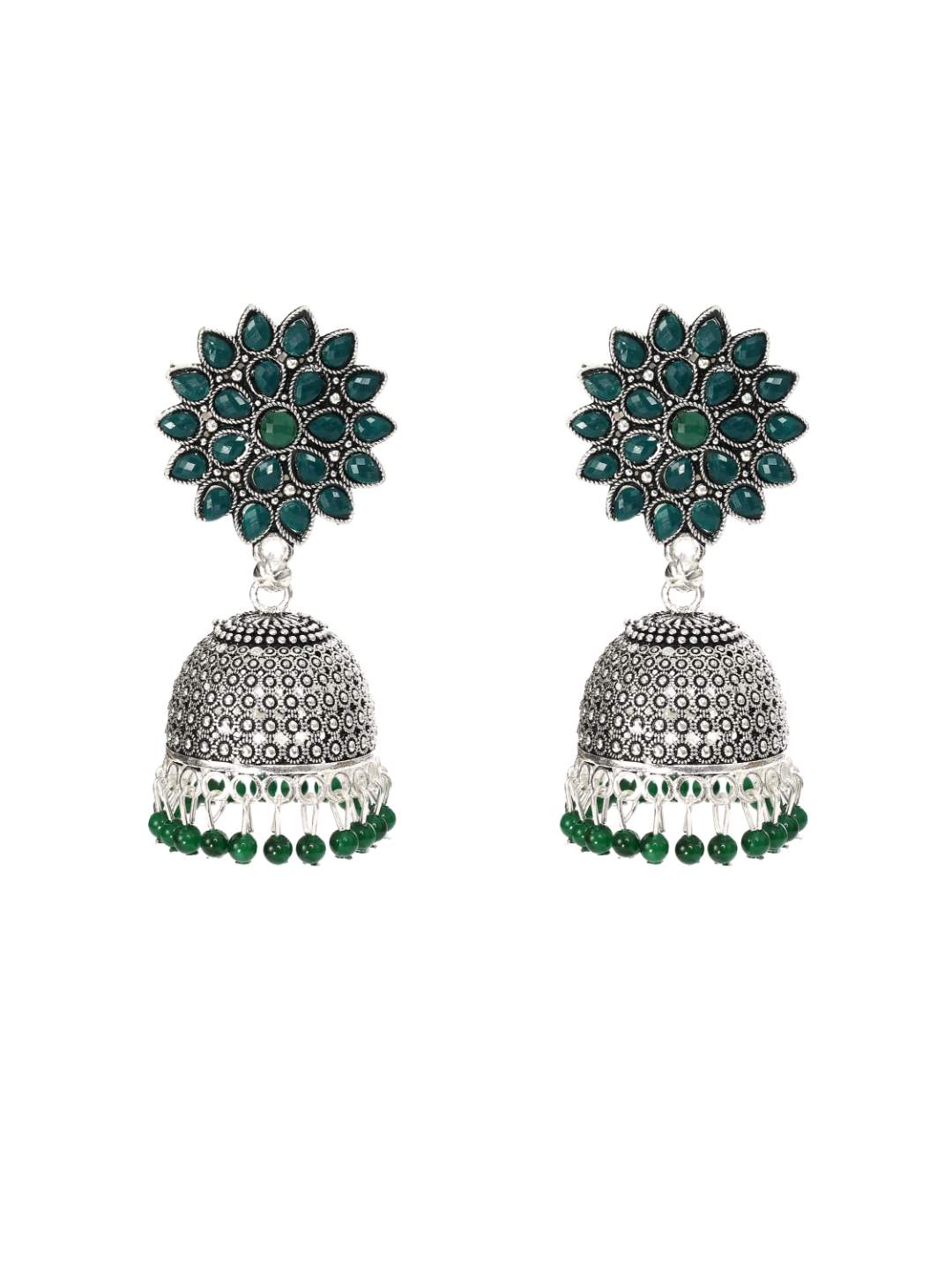 Trendia Silver Kundan work Jhumkas with Green Pearls - Johar Kamal