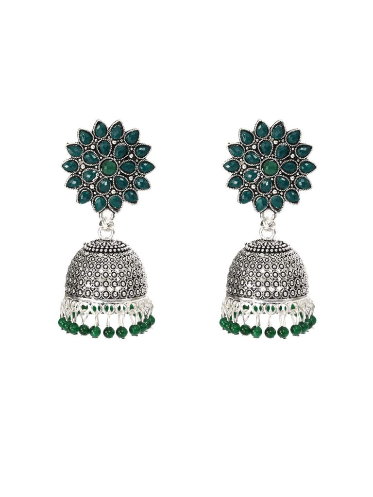 Trendia Silver Kundan work Jhumkas with Green Pearls